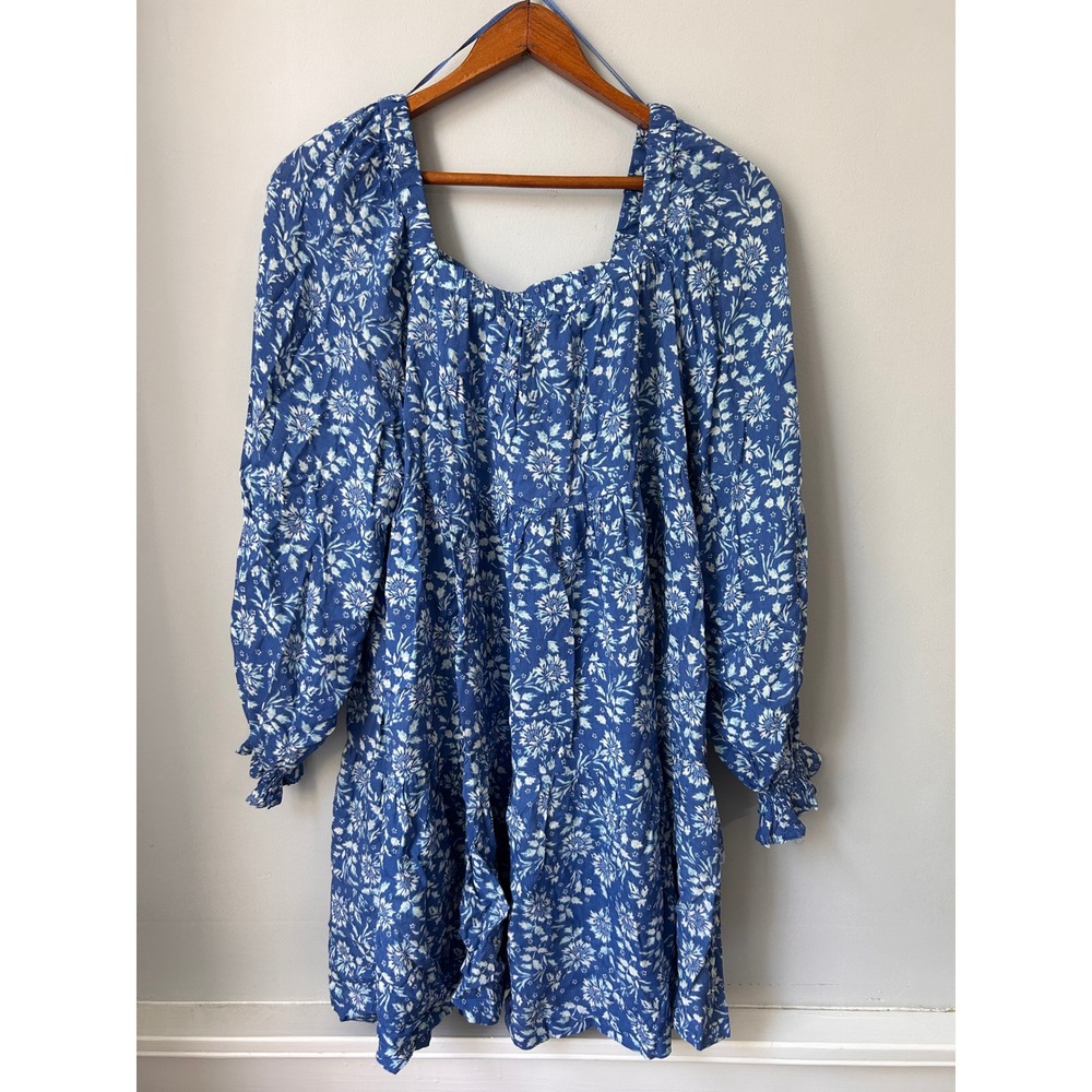 Patrons of Peace Blue Floral Tiered Mini Dress Square Neck Puff Sleeve XS
